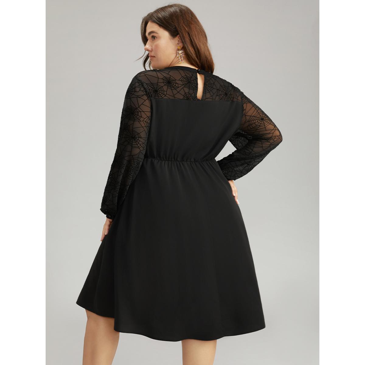 Plus Size Anti-Wrinkle Halloween Keyhole Mesh Pocket Dress Black Women Elegant See through Round Neck Long Sleeve Curvy Knee Dress BloomChic 14-16/1X Product Image
