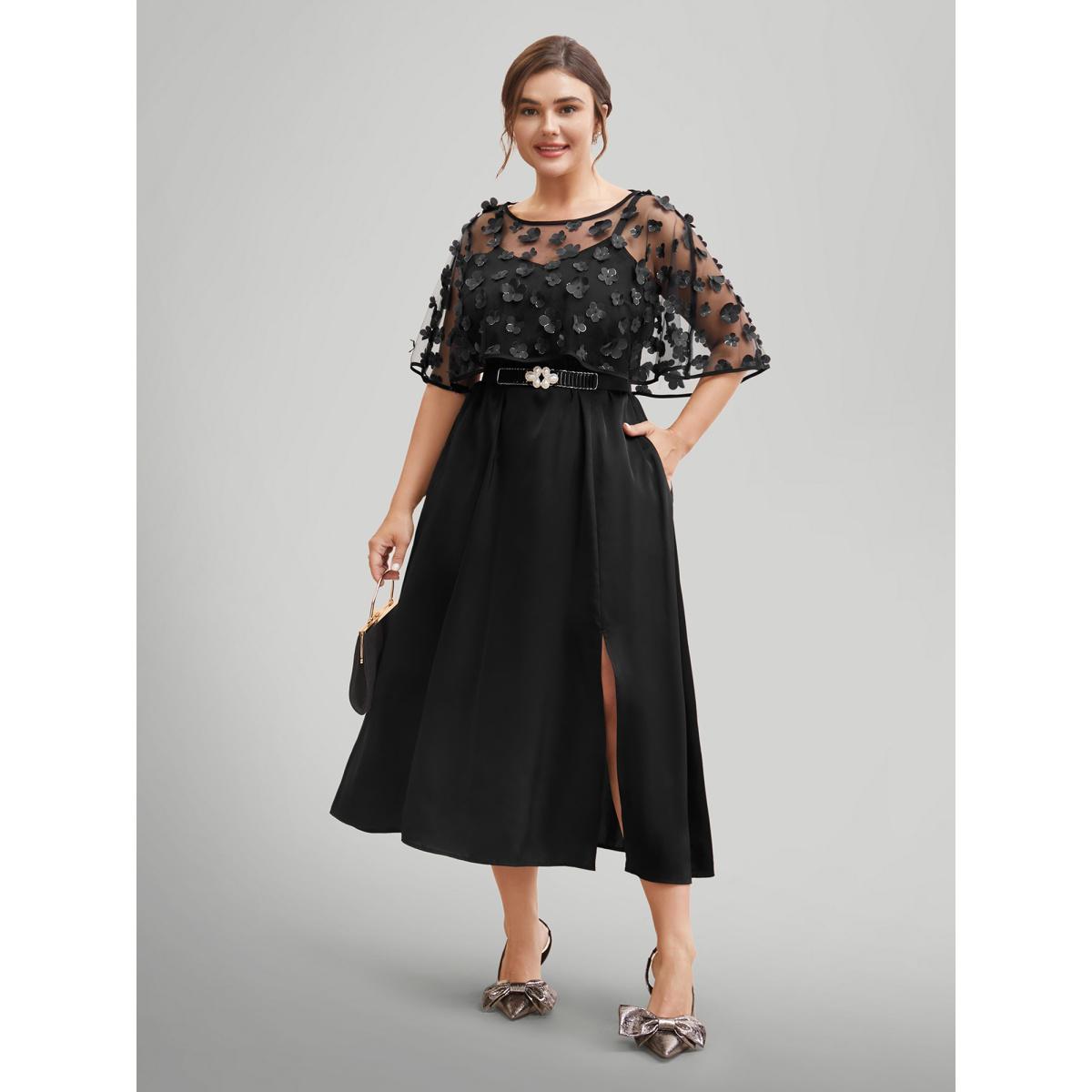Plus Size Two-Piece Appliques Mesh Shawl Split Hem Dress Black Women Cocktail Texture Round Neck Short sleeve Curvy BloomChic 30/6X Product Image