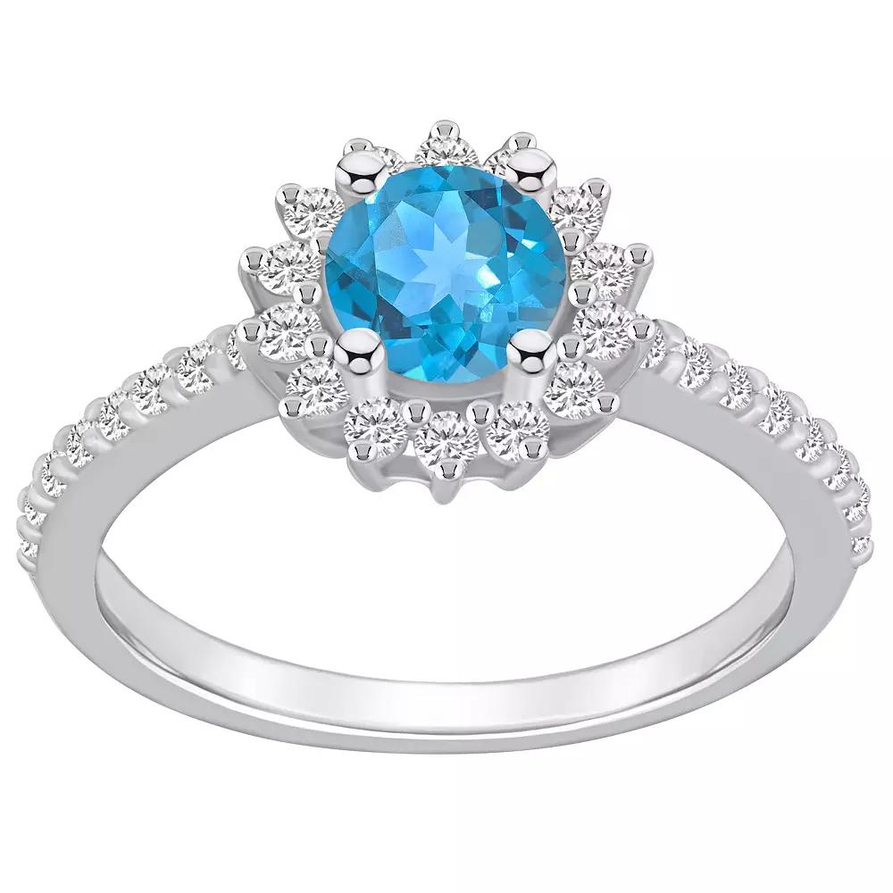 Alyson Layne 14k White Gold Blue Topaz & 1/2 Carat T.W. Diamond Halo Ring, Women's, Size: 5 Product Image
