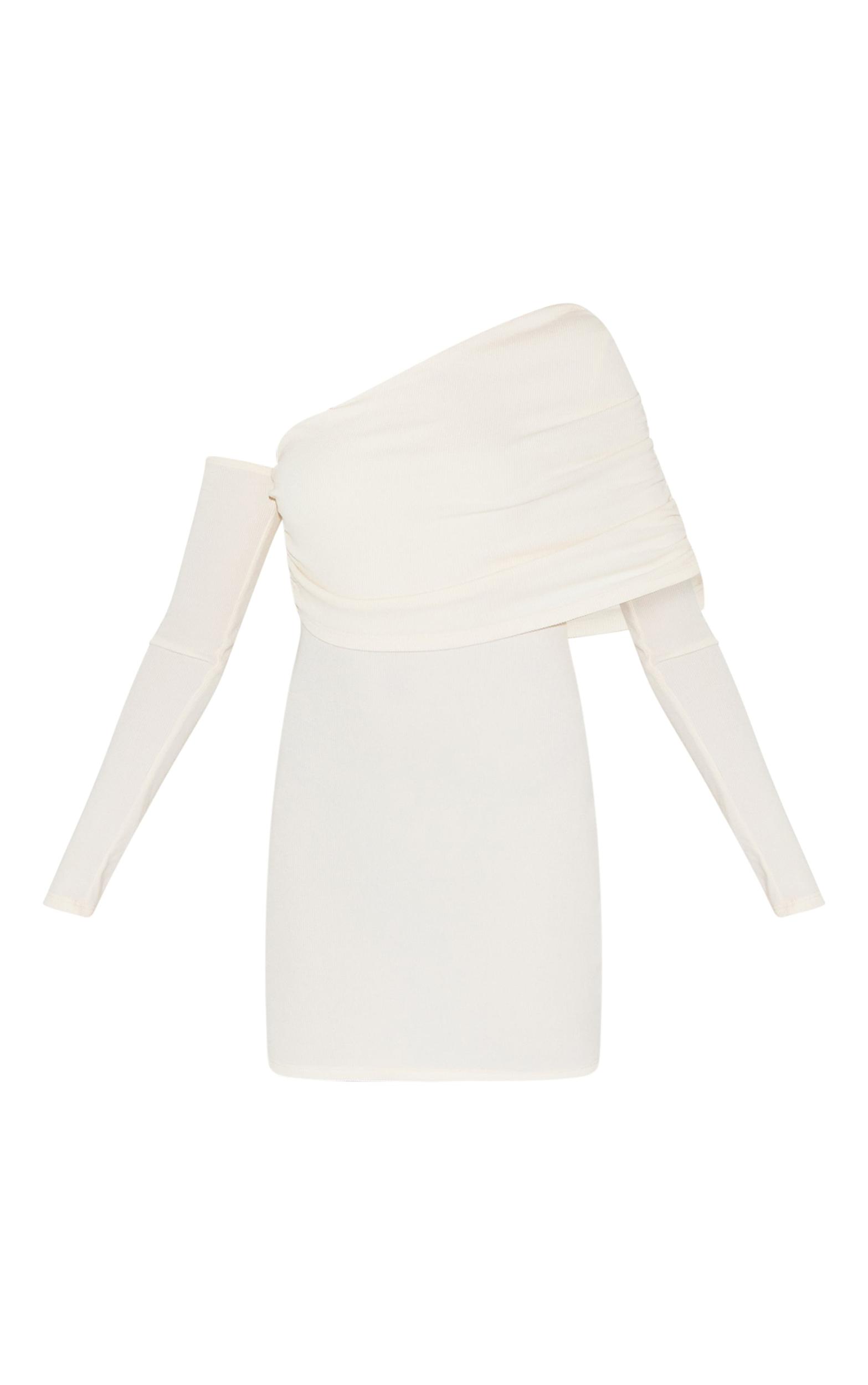 Cream Rib Bardot Long Sleeve Bodycon Dress Product Image