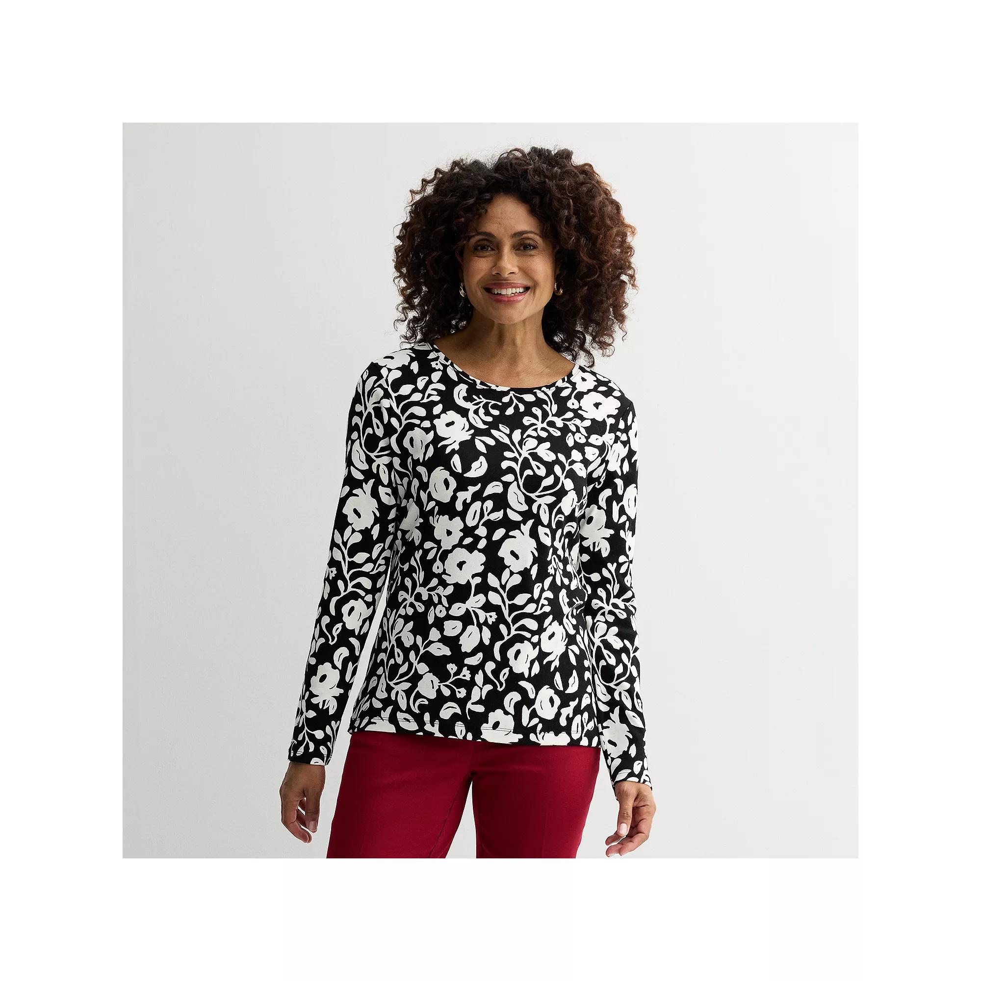 Women's Croft & Barrow® Essential Long-Sleeve Crewneck Tee, Size: Medium, Black Chic Floral Product Image