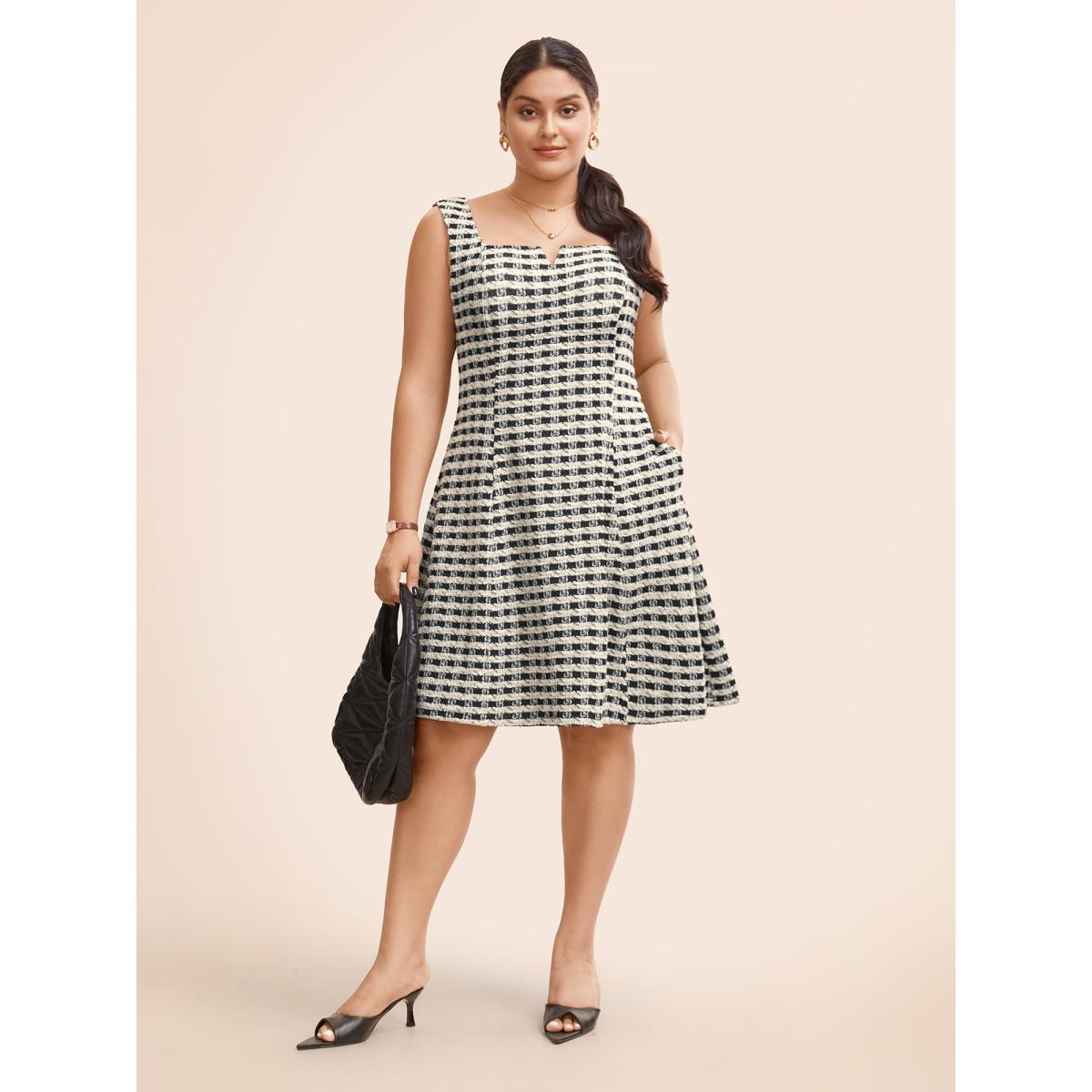 Plus Size Stretch Woven Notched Collar Fitted Midi Dress DimGray Women At the Office Texture Notched collar Sleeveless Curvy BloomChic 18-20/2X Product Image