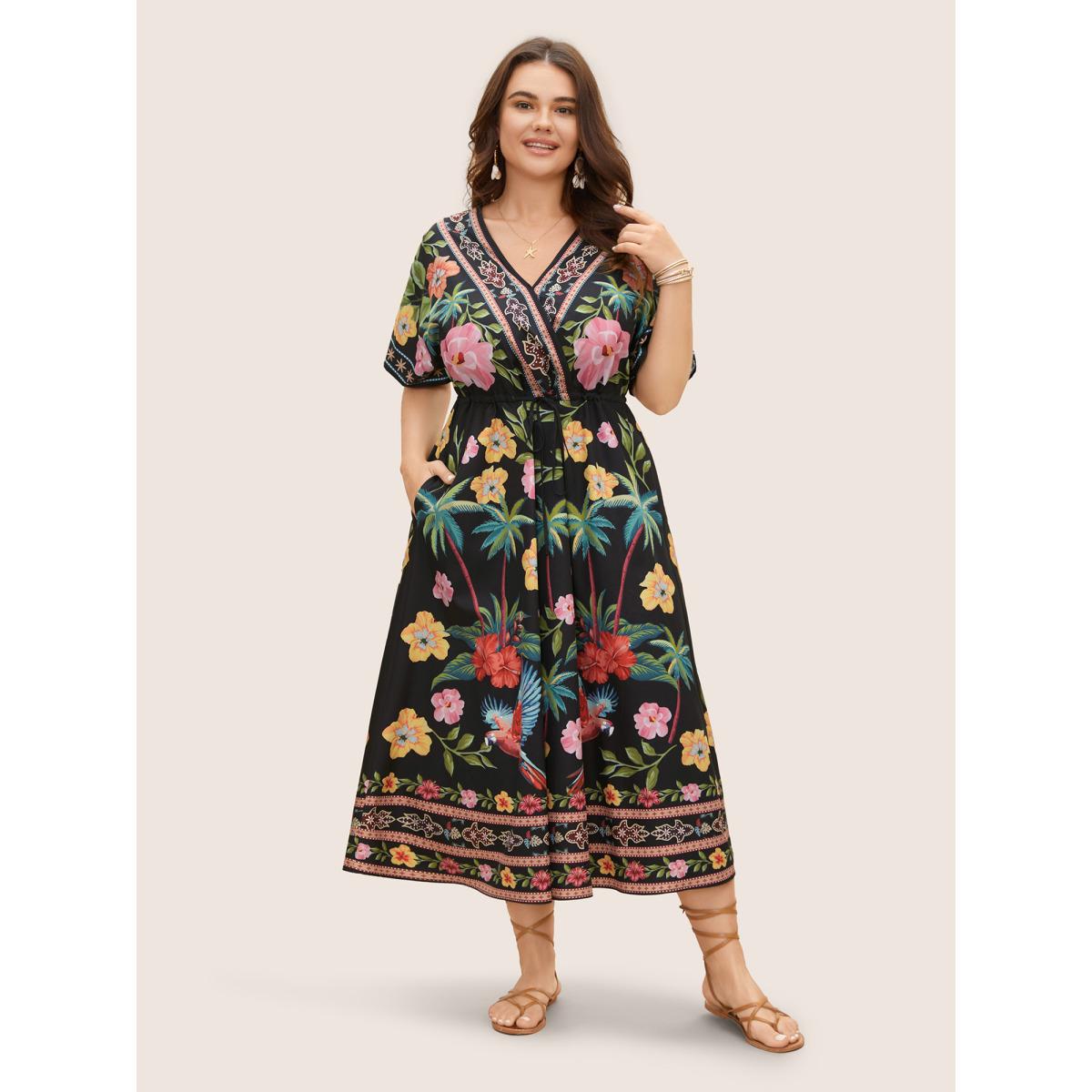 Plus Size Boho Print Overlap Collar Drawstring Dress Black Women Resort Drawstring Overlap Collar Short sleeve Curvy BloomChic 14-16/1X Product Image