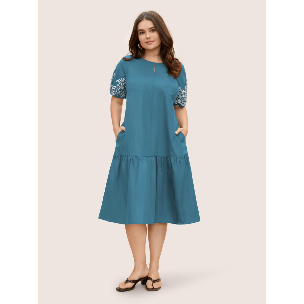 Plus Size Floral Embroidered Keyhole Lantern Sleeve Dress Cerulean Women Casual Gathered Round Neck Half Sleeve Curvy BloomChic 10/M Product Image