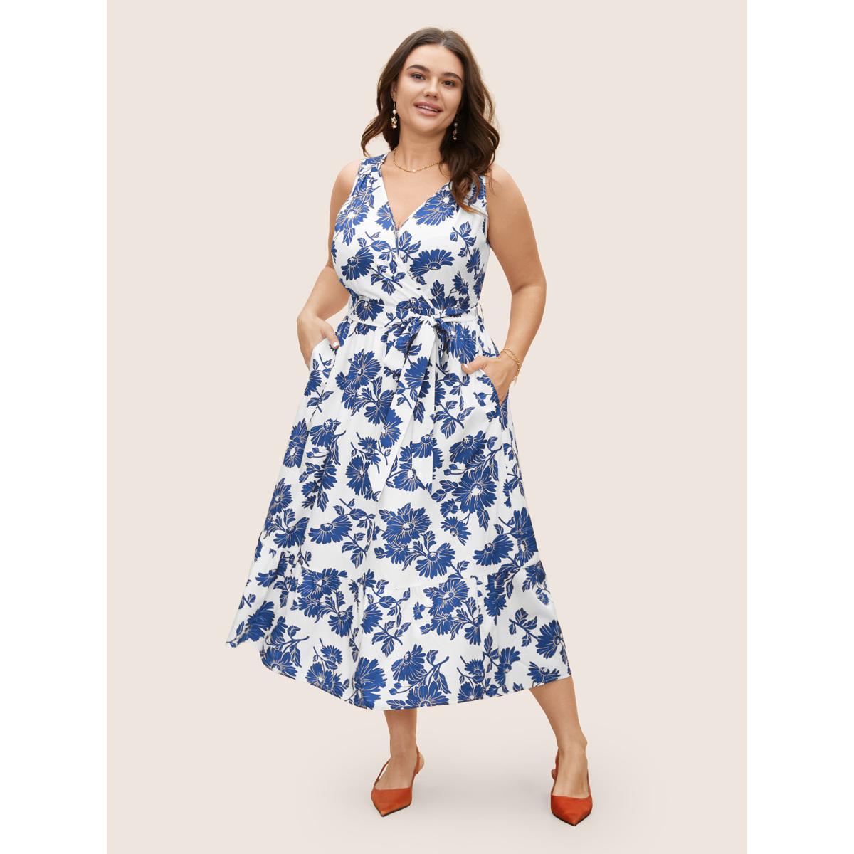 Plus Size Overlap Collar Floral Sleeveless Belted Dress DarkBlue Women Elegant Belted Overlap Collar Sleeveless Curvy BloomChic 12/L Product Image