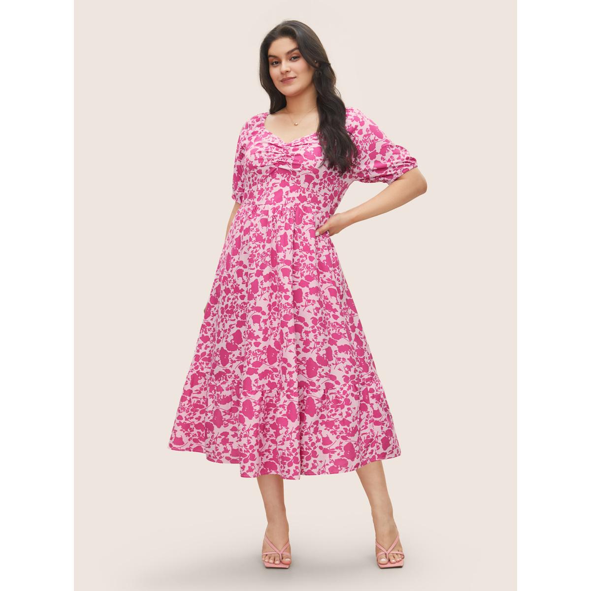Plus Size Silhouette Floral Print Ruched Lantern Sleeve Dress Watermelon Women Elegant Gathered Square Neck Short sleeve Curvy Midi Dress BloomChic 18-20/2X Product Image