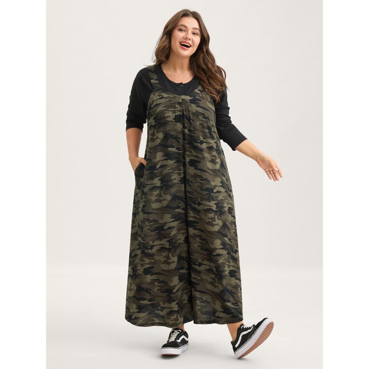 Plus Size ArmyGreen Camouflage Print Stretchy Wide Leg Jumpsuit Women Leisure Sleeveless Non Casual Loose Jumpsuits BloomChic 28/5X Product Image