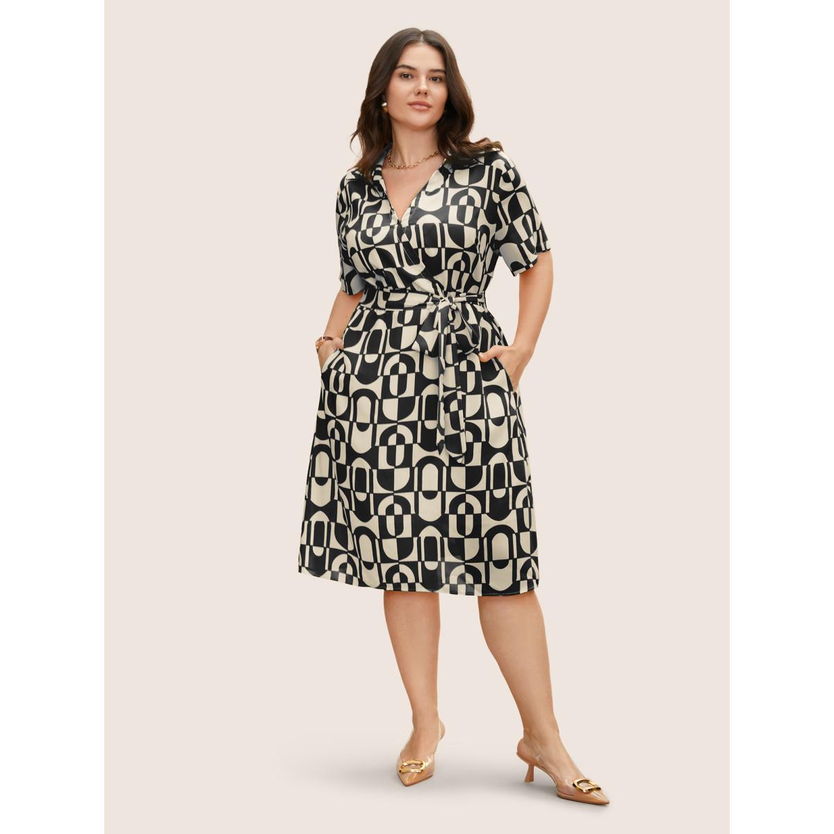 Plus Size Overlap Collar Geometric Belted Midi Dress Black Women At the Office Belted Overlap Collar Short sleeve Curvy BloomChic 10/M Product Image