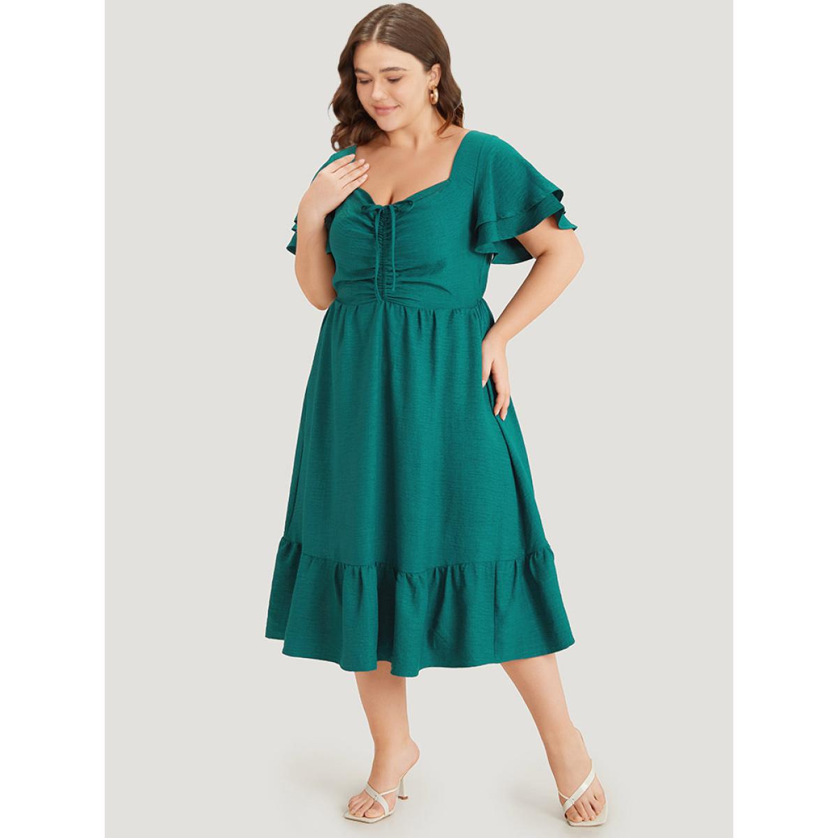 Plus Size Solid Drawstring Pocket Ruffle Trim Layered Dress Teal Women Elegant Gathered V-neck Short sleeve Curvy Midi Dress BloomChic 22-24/3X Product Image