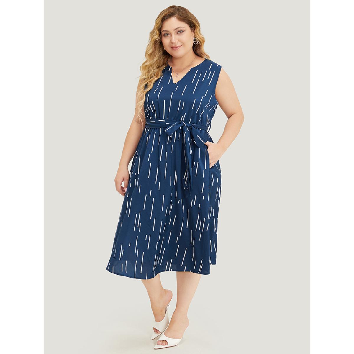 Plus Size Geometric Pocket Ruffle Hem Belted Notched Neck Tank Dress DarkBlue Women Office Cross straps Notched collar Sleeveless Curvy Midi Dress BloomChic 26/4X Product Image
