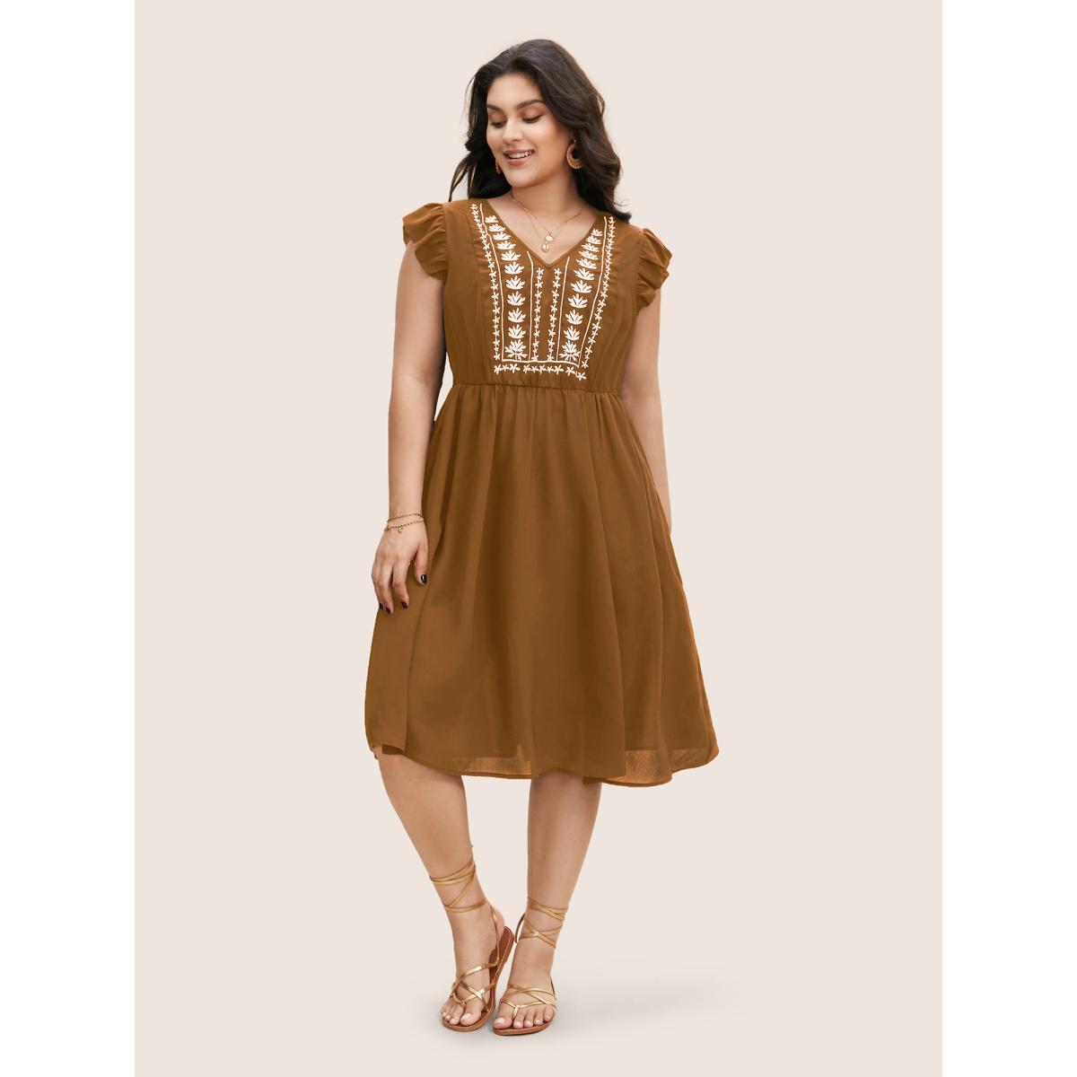 Plus Size Floral Embroidered V Neck Ruffle Cap Sleeve Dress Yellowishbrown Women Boho Embroidered V-neck Cap Sleeve Curvy BloomChic 10/M Product Image