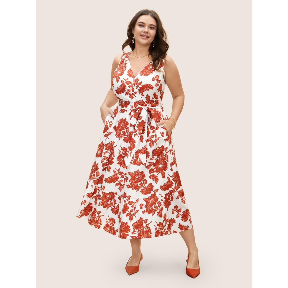 Plus Size Overlap Collar Floral Sleeveless Belted Dress Crimson Women Elegant Belted Overlap Collar Sleeveless Curvy BloomChic 10/M Product Image