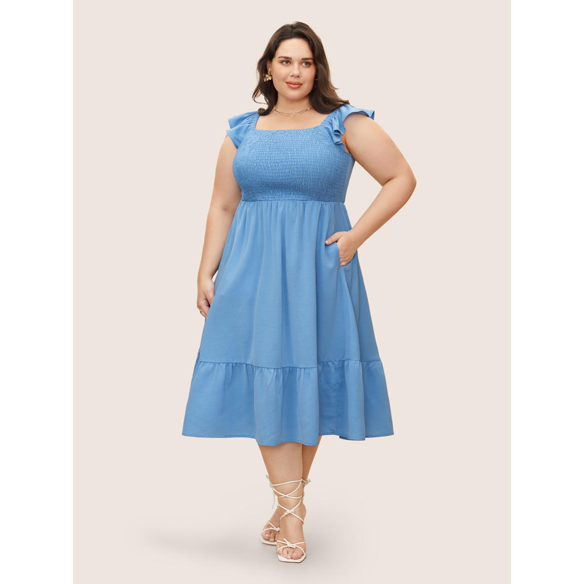 Plus Size Square Neck Solid Ruffles Shirred Dress LightBlue Women Elegant Shirred Square Neck Cap Sleeve Curvy BloomChic 18-20/2X Product Image