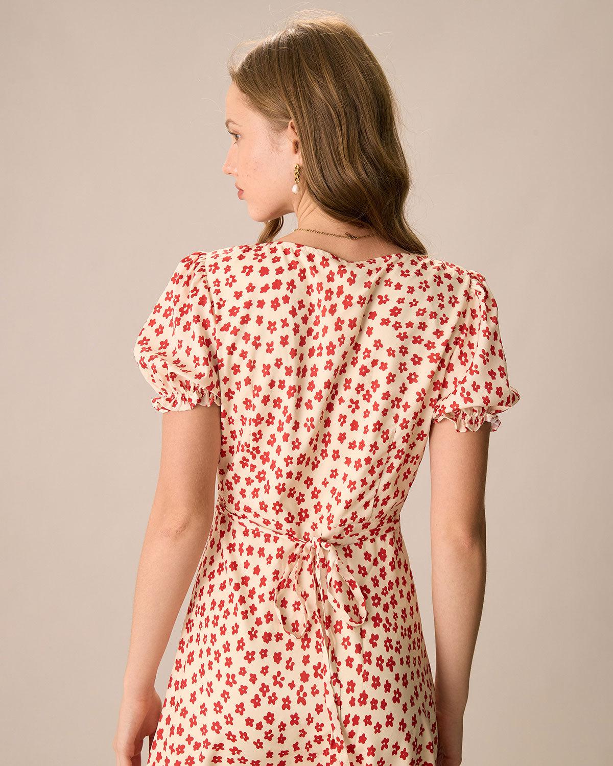 The Red V-Neck Floral Puff Sleeve Maxi Dress Product Image