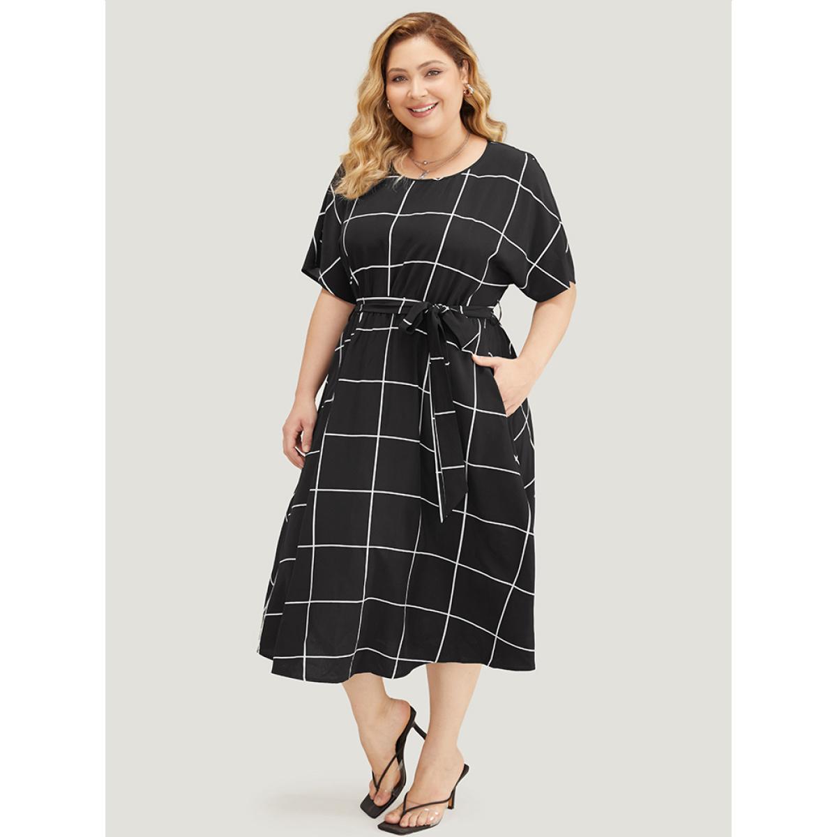 Plus Size Plaid Print Pocket Belted Ruffle Hem Dolman Sleeve Dress Black Women Office Cross straps Round Neck Short sleeve Curvy Midi Dress BloomChic 14-16/1X Product Image