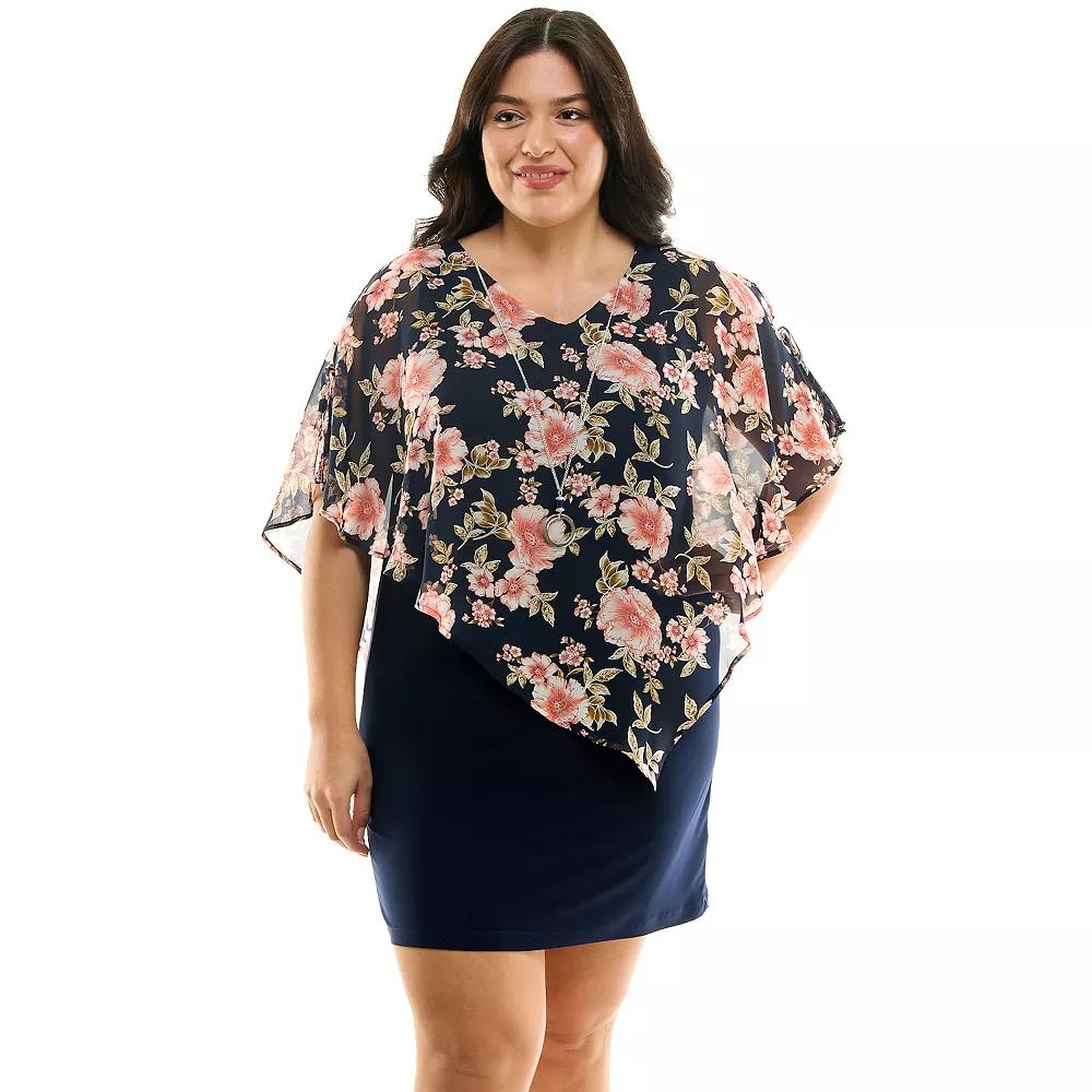 Plus Size Luxology Asymmetrical Cold Shoulder Poncho Dress, Women's, Size: 2XL, Navy Green Product Image