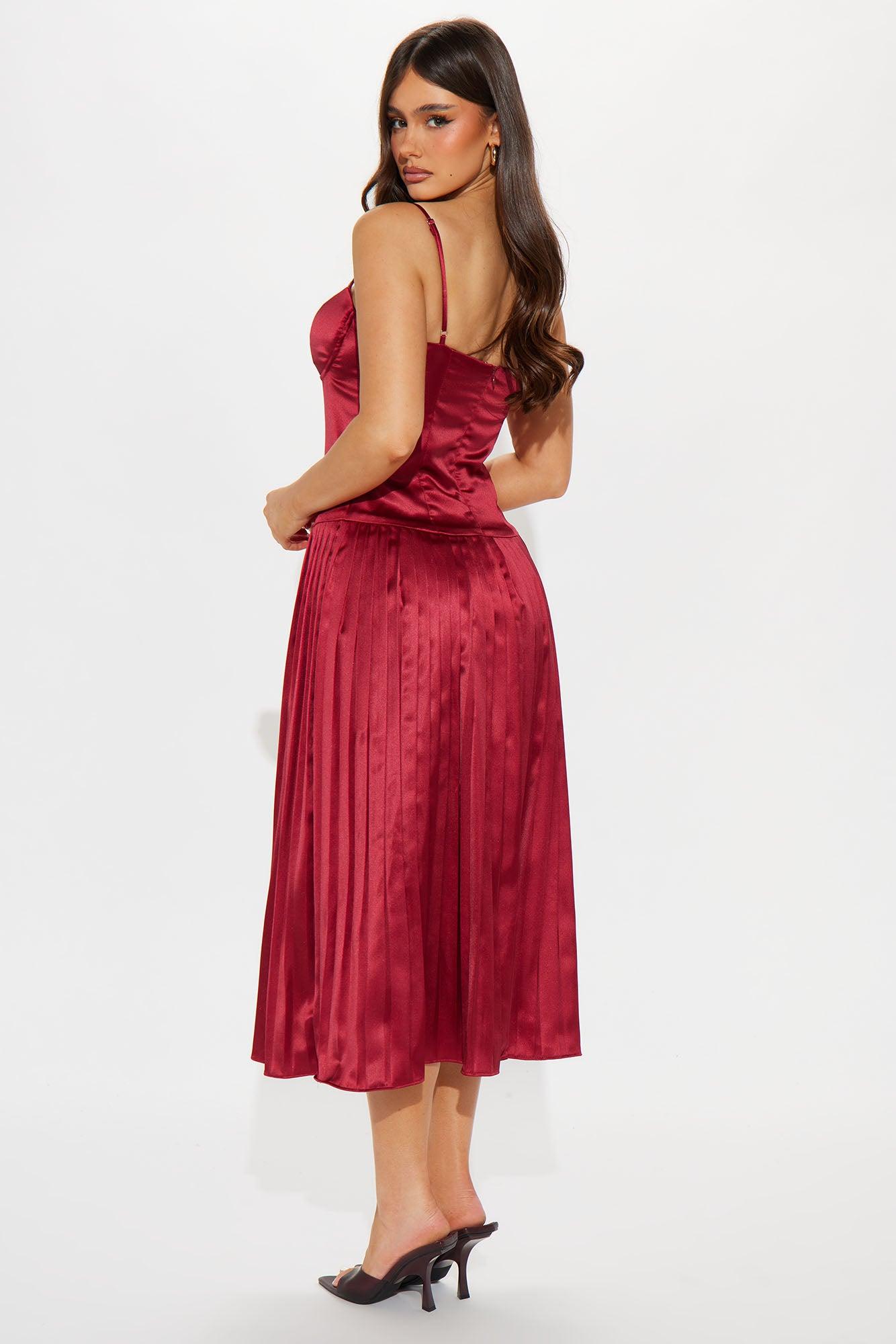 Selene Drop Waist Satin Midi Dress - Burgundy Product Image