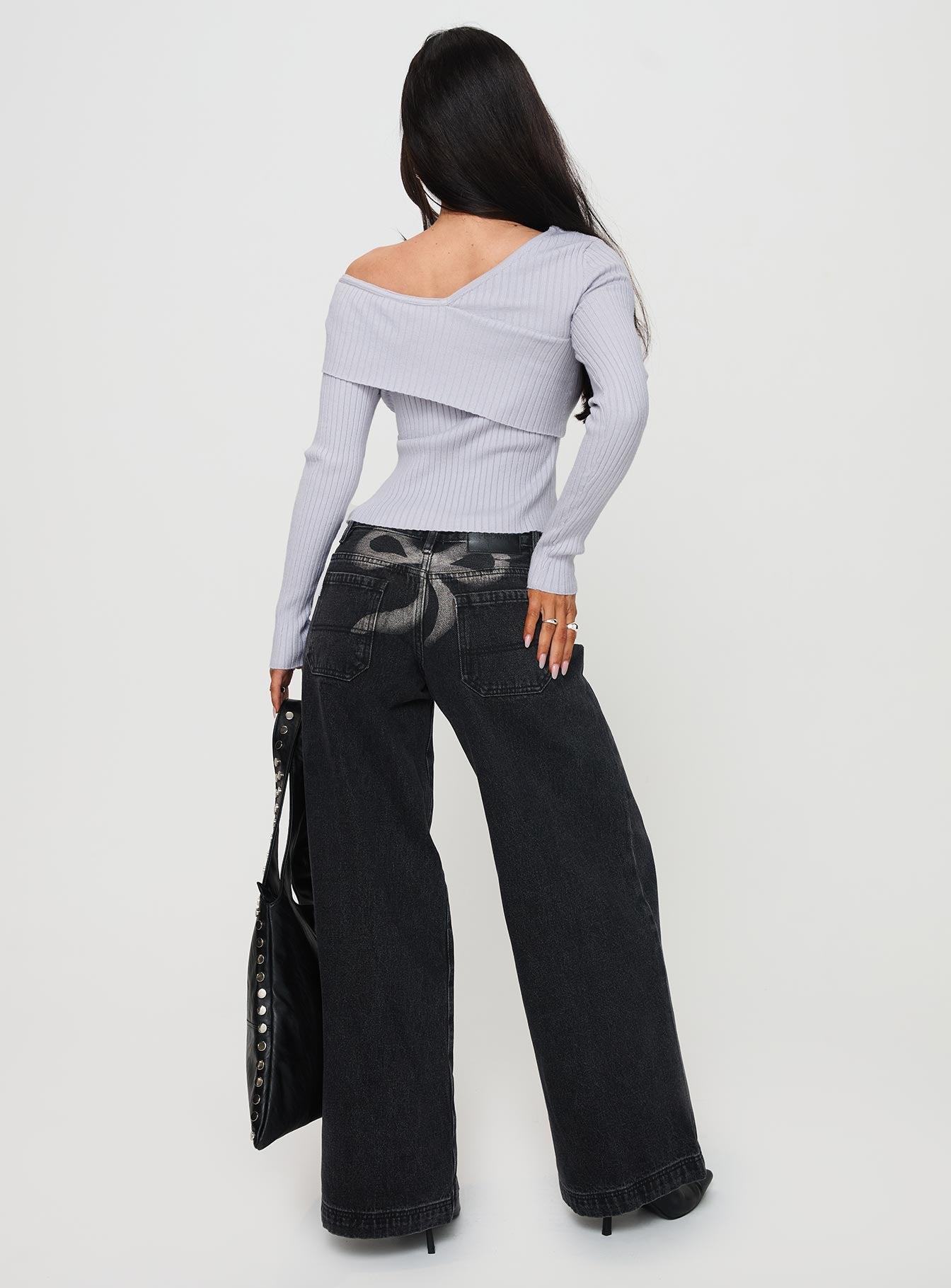 Ribbon Stamp Wide Leg Jeans Washed Black Product Image