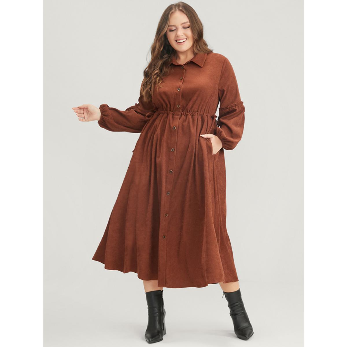 Plus Size Solid Drawstring Pocket Button Detail Shirt Collar Corduroy Dress Brown Women Office Drawstring Shirt collar Long Sleeve Curvy Midi Dress BloomChic 22-24/3X Product Image