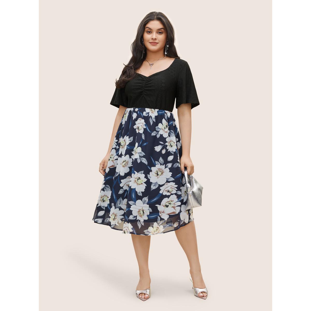 Plus Size Chiffon Floral Patchwork Ruched Hollow Out Dress DarkBlue Women Elegant Non Square Neck Short sleeve Curvy Midi Dress BloomChic 18-20/2X Product Image