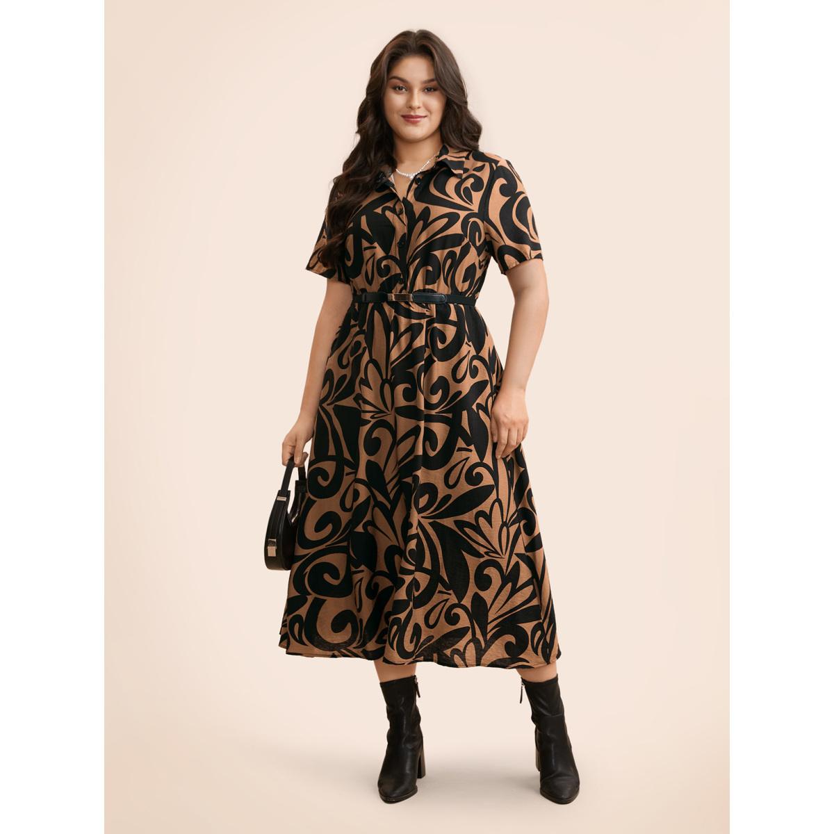 Plus Size Boho Print Shirt Collar Midi Dress Yellowishbrown Women At the Office Button Shirt collar Short sleeve Curvy BloomChic 26/4X Product Image