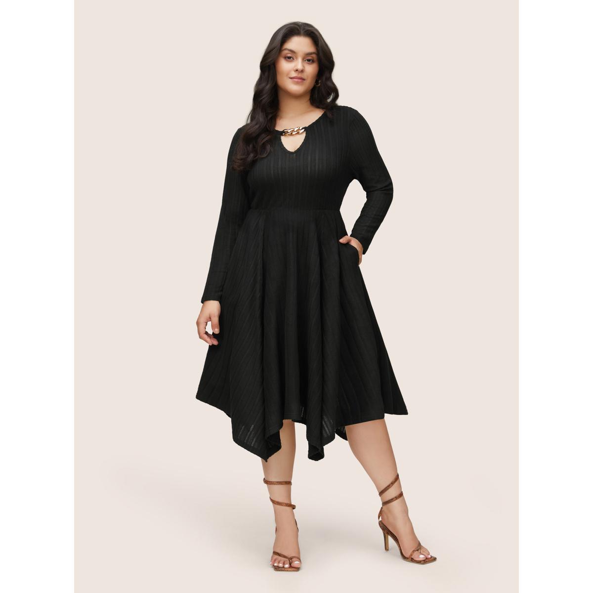 Plus Size Rib Knit Metal Chain Detail Keyhole Hanky Hem Dress Black Women Elegant Texture Keyhole Cut-Out Long Sleeve Curvy Midi Dress BloomChic 12/L Product Image