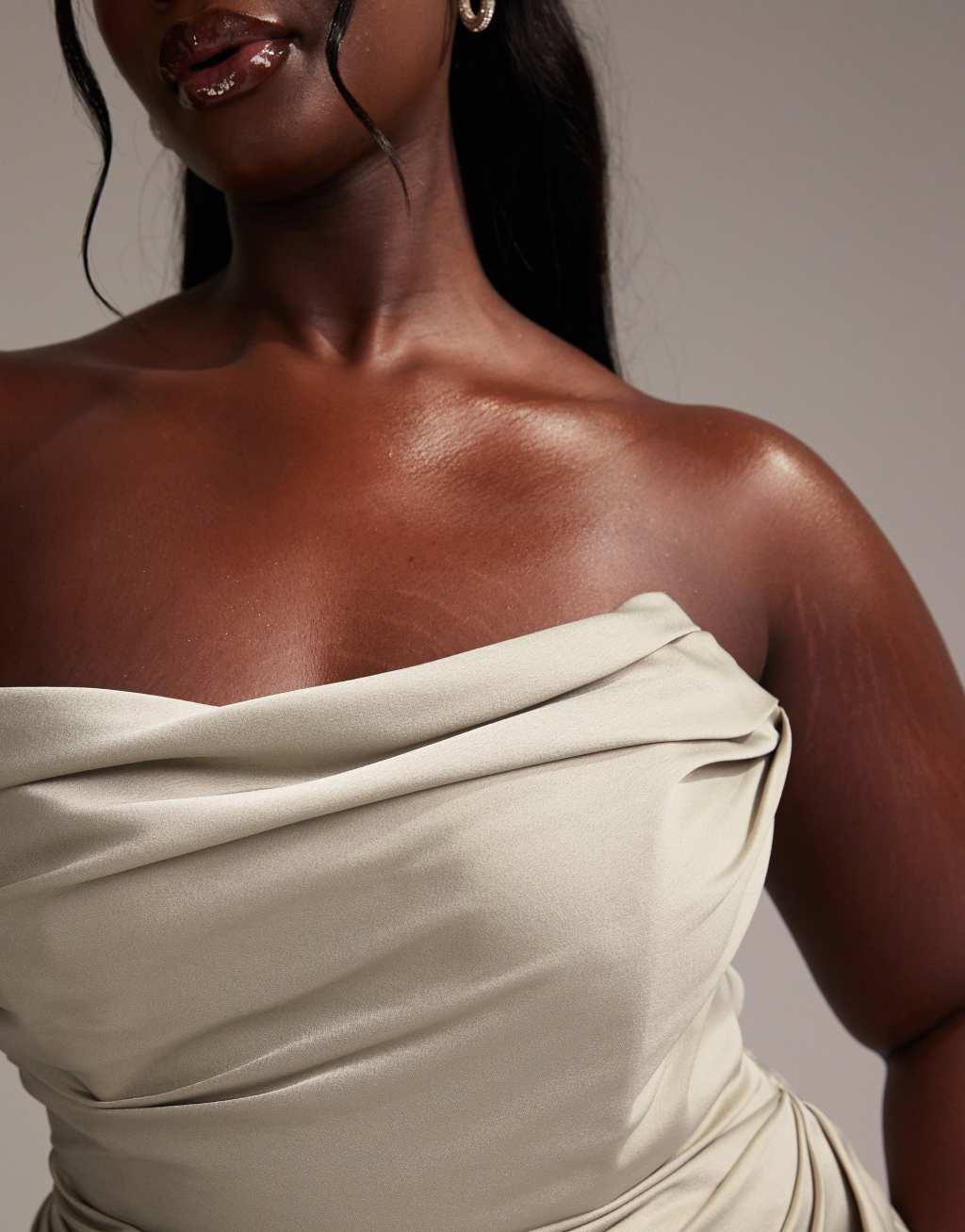 ASOS DESIGN Curve satin bandeau bridesmaid maxi dress in light green Product Image