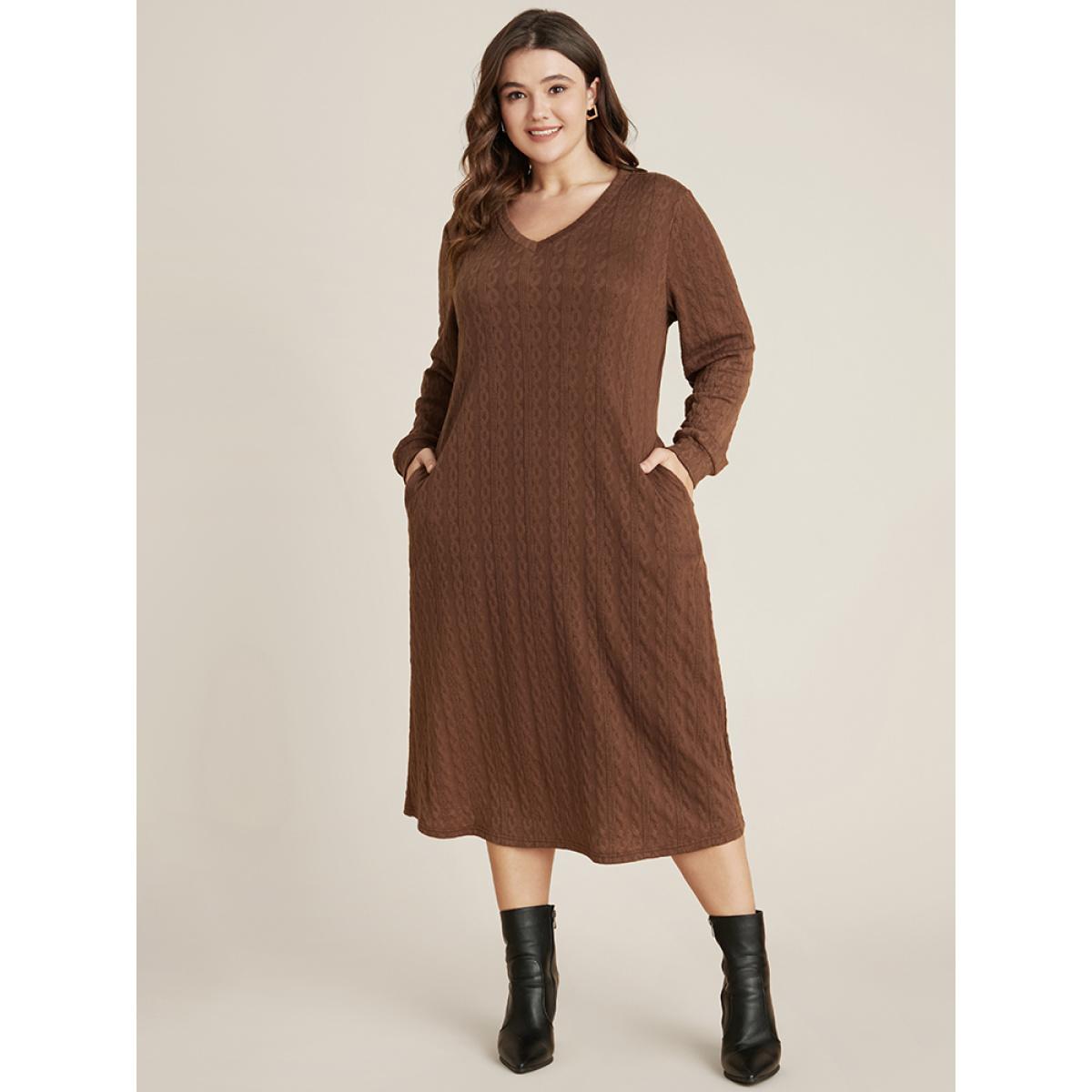 Plus Size Solid V Neck Cable Knit Pocket Textured Dress Without Belt Russet Women Elegant Pocket V-neck Long Sleeve Curvy Midi Dress BloomChic 30/6X Product Image
