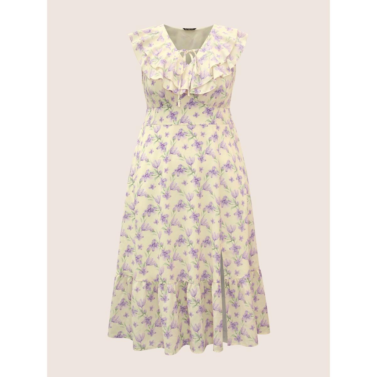 Plus Size Floral Ruffles Shirred Sleeveless Midi Dress Apricot Women Elegant Cross straps V-neck Sleeveless Curvy BloomChic 28/5X Product Image