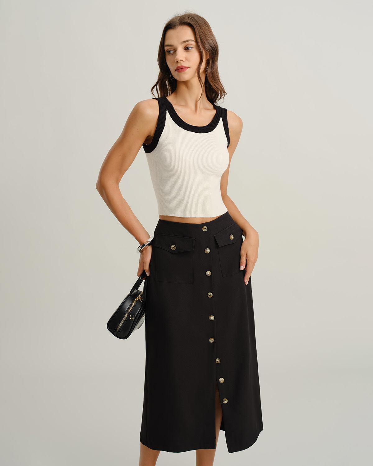 Black Natural Waisted Button Slit Midi Skirt Product Image