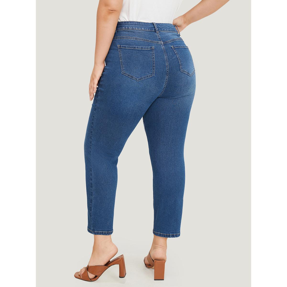 Plus Size Very Stretchy Pocket High Rise Patchwork Jeans Women Blue Casual Plain Embroidered High stretch Pocket Jeans BloomChic 12/L Product Image