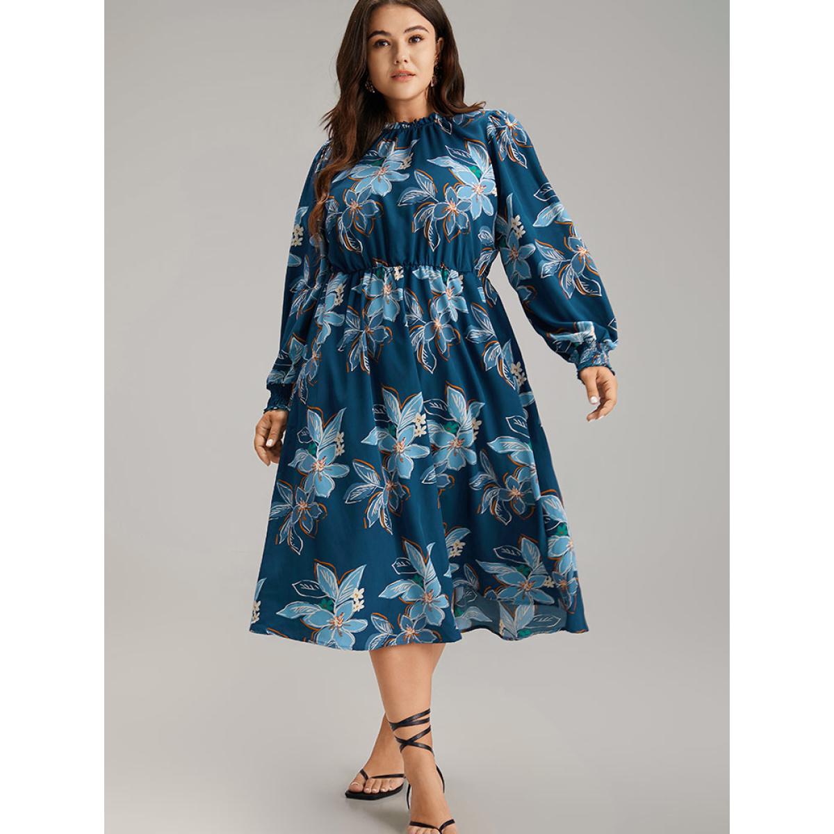 Plus Size Floral Mock Neck Frill Trim Keyhole Dress Aegean Women Elegant Elastic cuffs Mock Neck Long Sleeve Curvy Midi Dress BloomChic 30/6X Product Image
