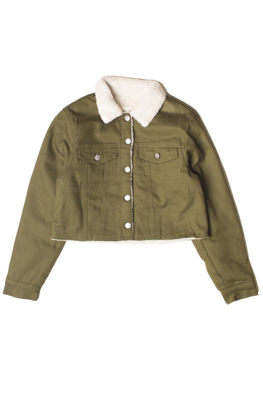 Olive Green Sherpa Lined Denim Jacket Product Image