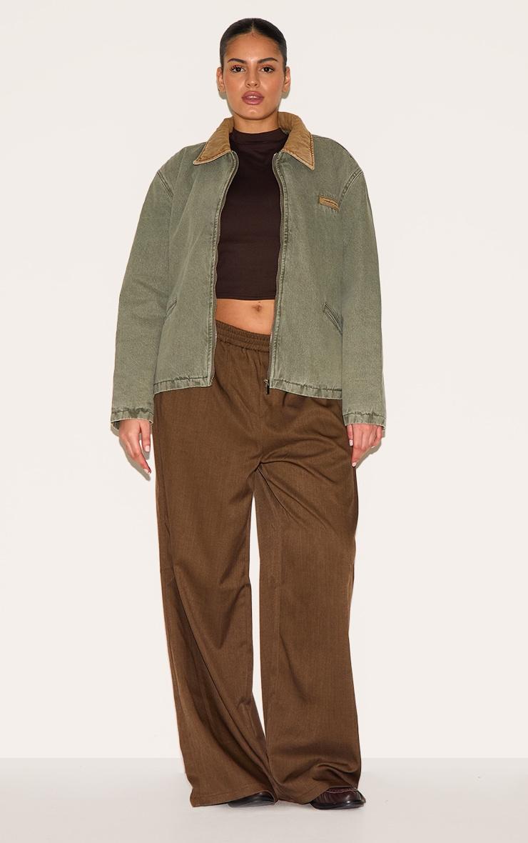 Plus Khaki Zip Up Contrast Collar Denim Jacket Product Image