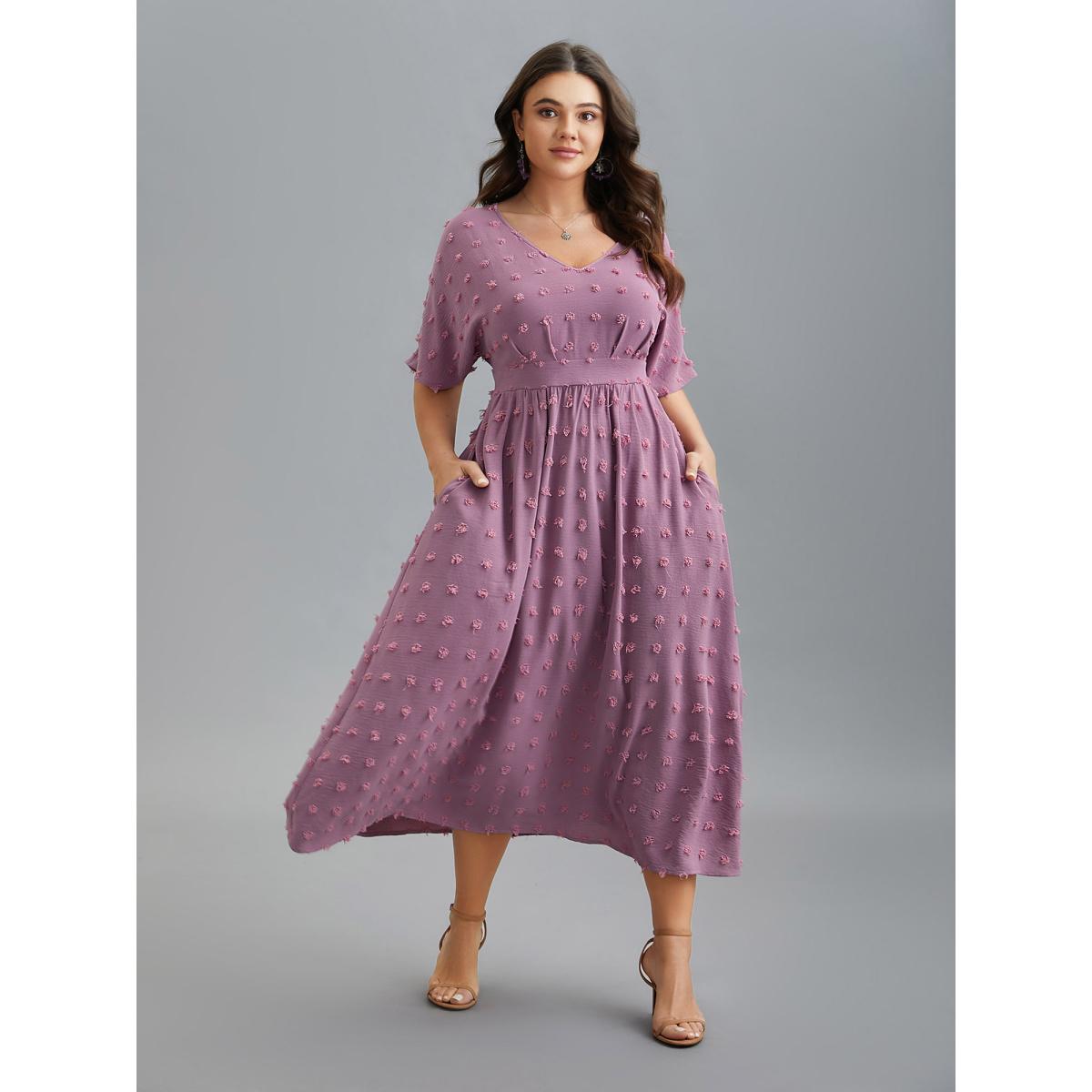 Plus Size V-Neck Textured Batwing Sleeve Midi Dress Lilac Women Resort Texture V-neck Half Sleeve Curvy BloomChic 14-16/1X Product Image