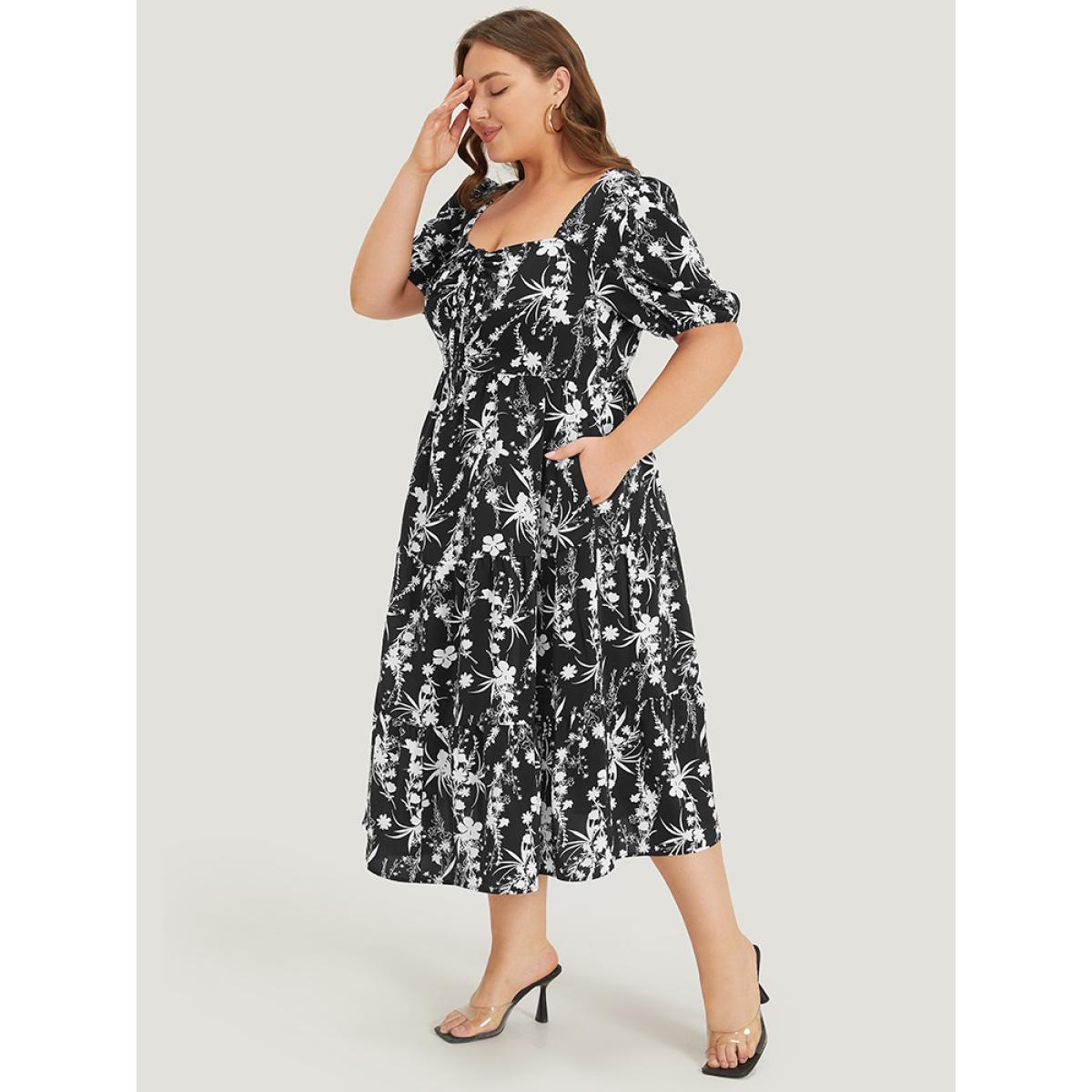 Plus Size Floral Puff Sleeve Pocket Ruched Drawstring Ruffle Dress BlackFlower Women Elegant Lined Square Neck Short sleeve Curvy Midi Dress BloomChic 28/5X Product Image