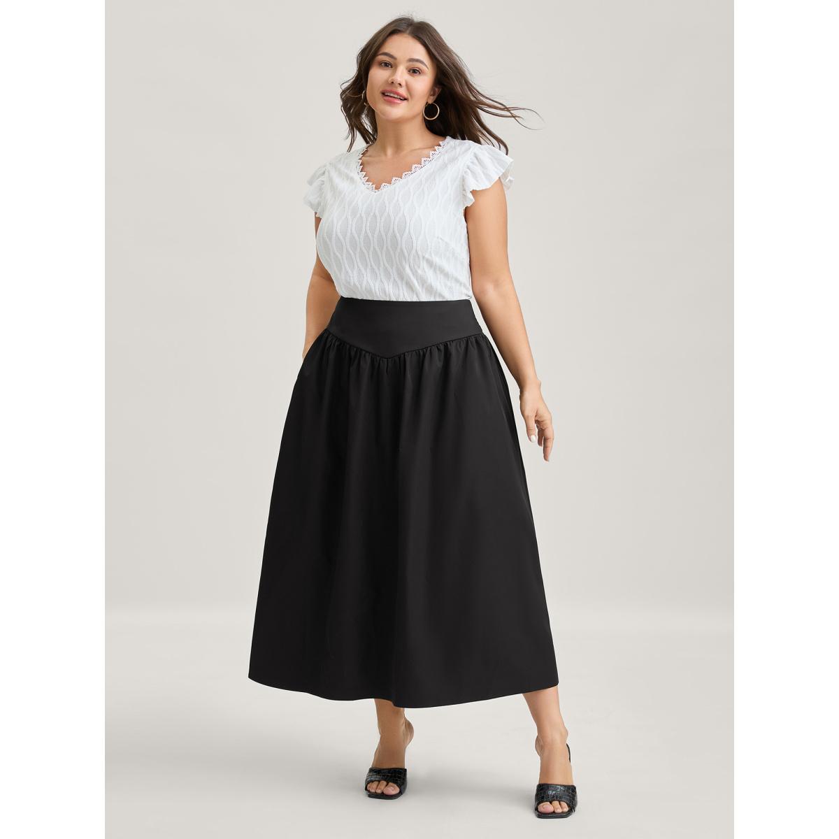 Plus Size Wide Cinched-Waist Solid Midi Skirt Women Black Timeless Gathered Low stretch Side seam pocket Elegant Skirts BloomChic 14-16/1X Product Image