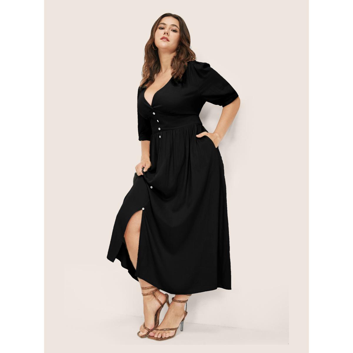 Plus Size Plunging Neck Button Detail Pocket Maxi Dress Black Women Resort Gathered V-neck Short sleeve Curvy Long Dress BloomChic 22-24/3X Product Image