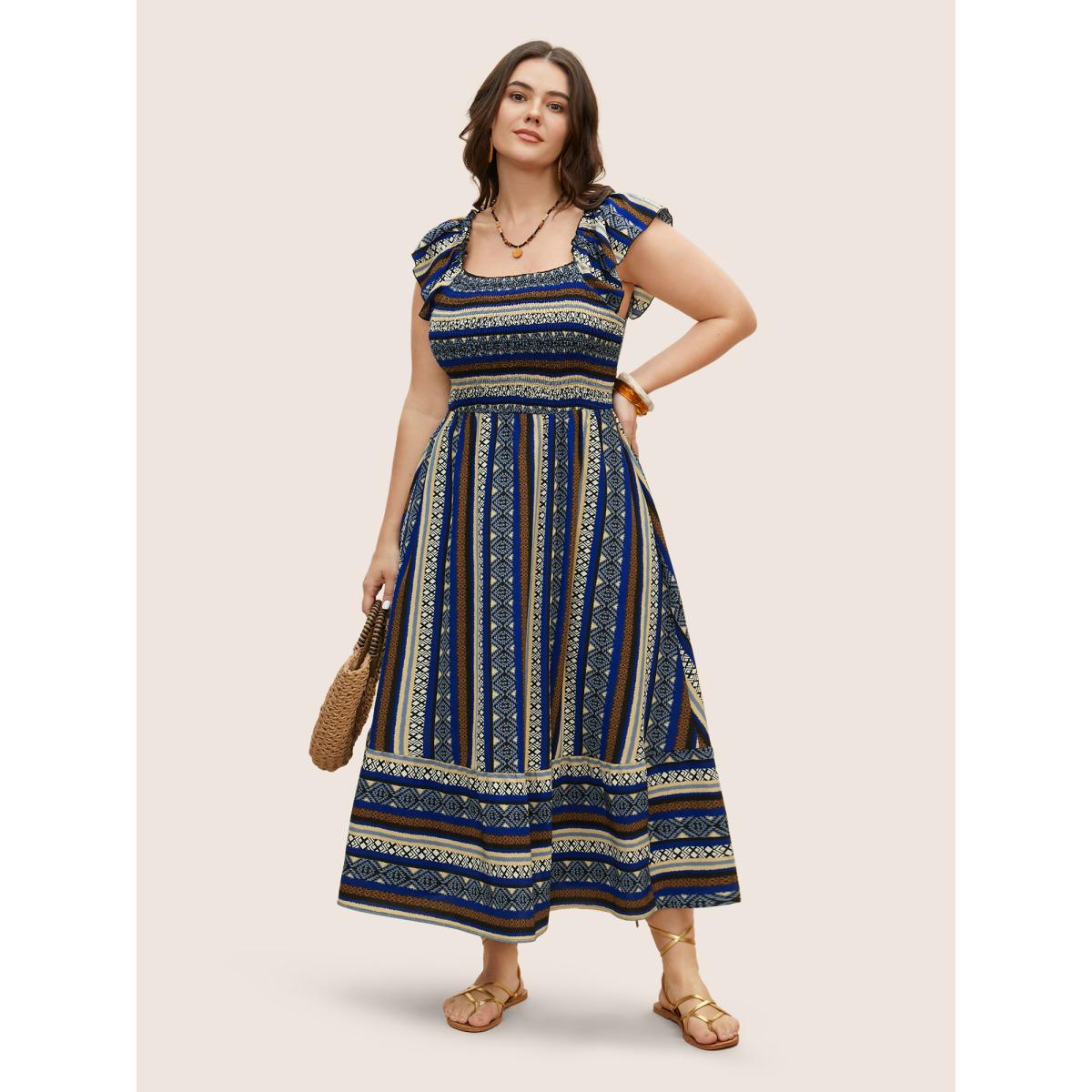 Plus Size Bandana Striped Shirred Ruffle Trim Dress Mediumblue Women Resort Shirred Square Neck Cap Sleeve Curvy BloomChic 18-20/2X Product Image