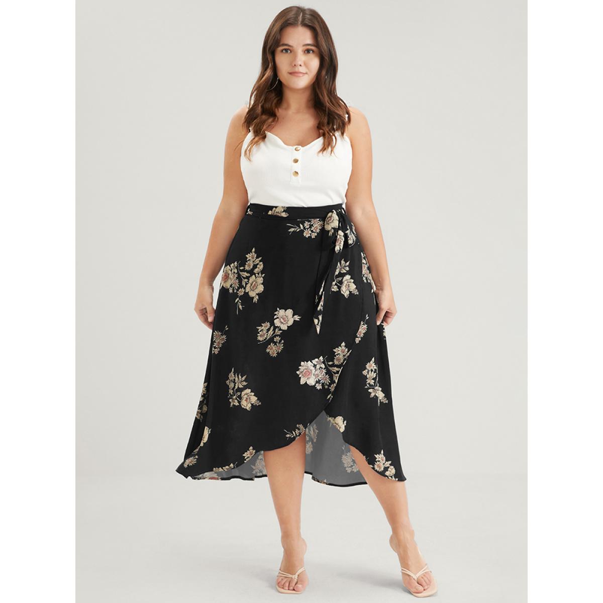 Plus Size Floral Knotted Elastic Waist Wrap Split Skirt Women Black Elegant Printed No stretch Belt Dailywear Skirts BloomChic 10/M Product Image