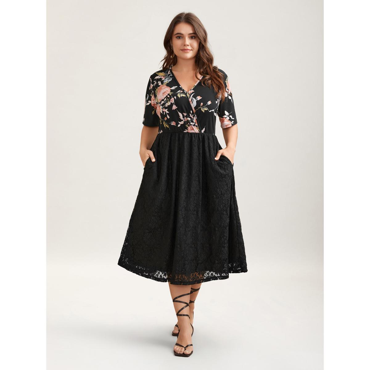 Plus Size Floral Panel Surplice Pockets Midi Dress Black Women Elegant Texture Overlap Collar Short sleeve Curvy BloomChic 12/L Product Image