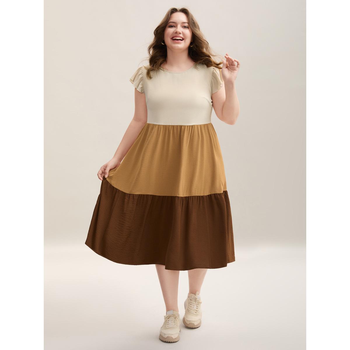 Plus Size Color Block Ruffled Sleeve Tiered Midi Dress LightBrown Women Casual Contrast Round Neck Cap Sleeve Curvy BloomChic 18-20/2X Product Image
