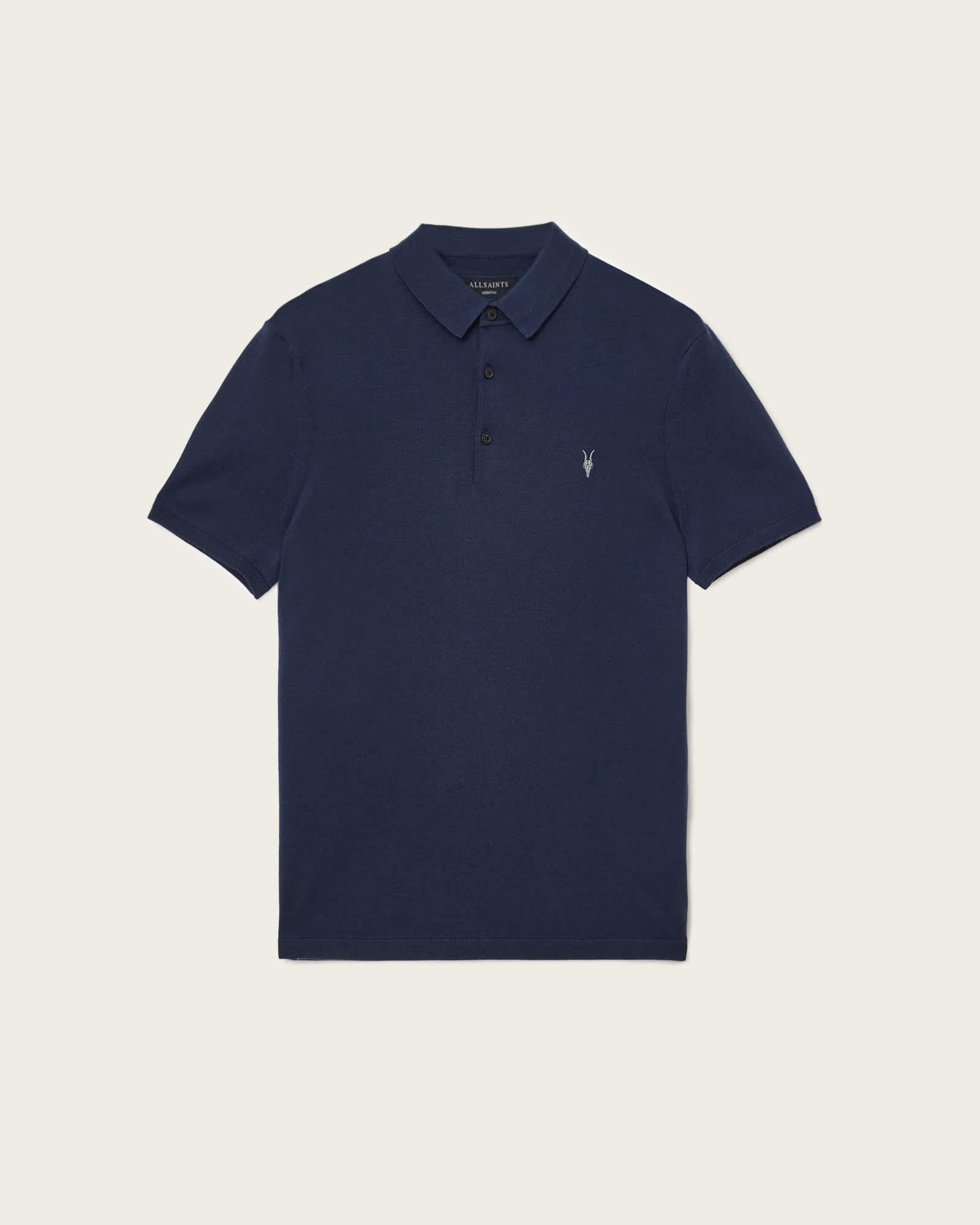 Mode Merino Short Sleeve Ramskull Polo Shirt NAVY BLUE | ALLSAINTS US Product Image
