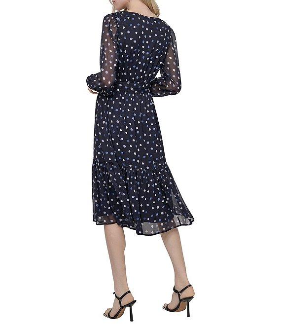 DKNY by Donna Karan Dotted Print Chiffon V-Neck Long Sleeve Fit And Flare Dress Product Image