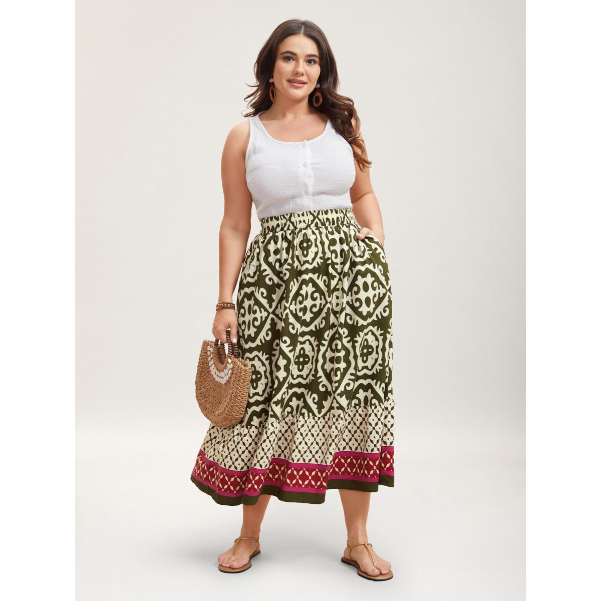 Plus Size Mixed Ornate Print Contrast Maxi Skirt Women Moss Resort Contrast Loose No stretch Slanted pocket Vacation Skirts BloomChic 14-16/1X Product Image