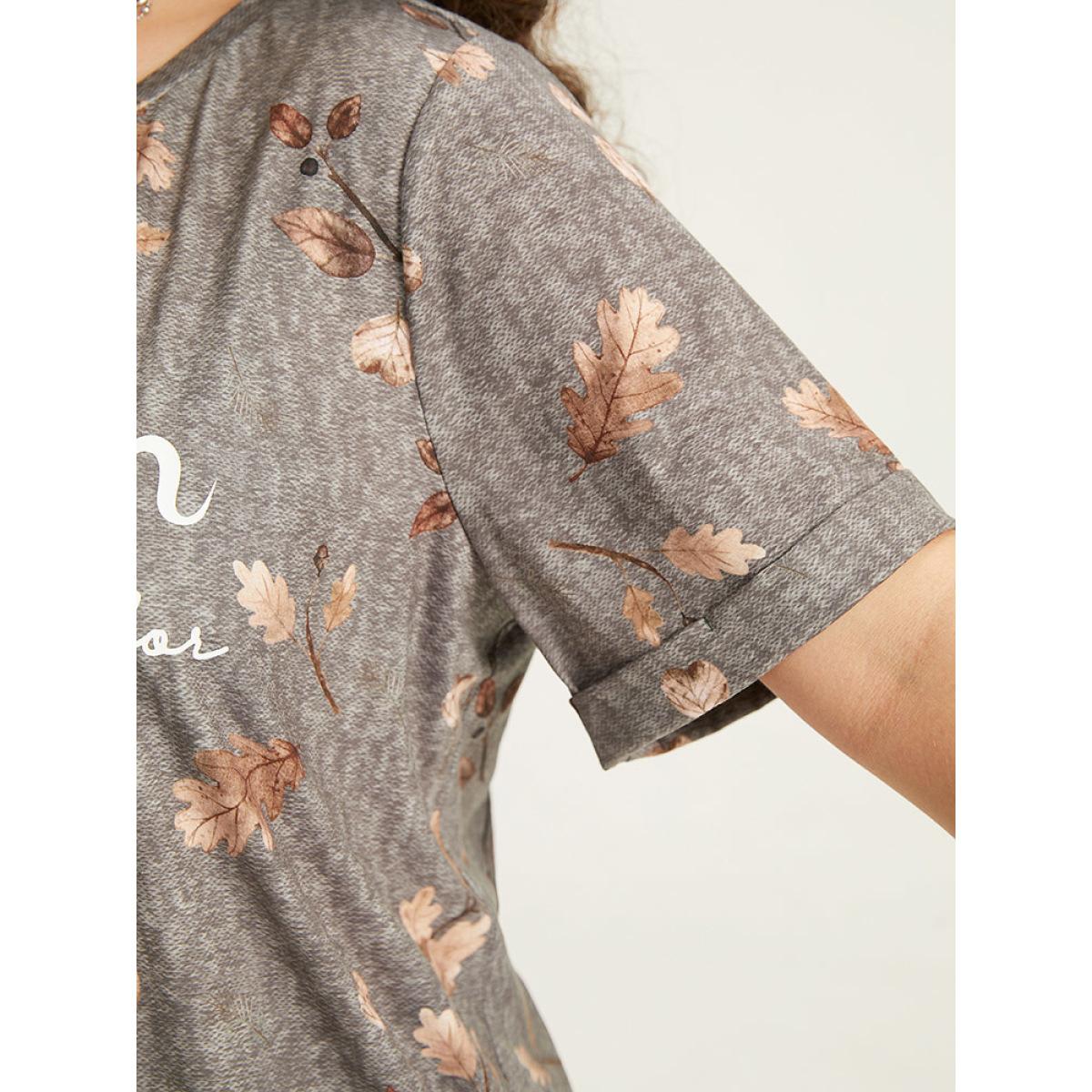 Plus Size Halloween Letter & Plant Print Cuffed Sleeve T-shirt Gray Women Casual Printed Positive slogan Round Neck Festival-Halloween T-shirts BloomChic 22-24/3X Product Image
