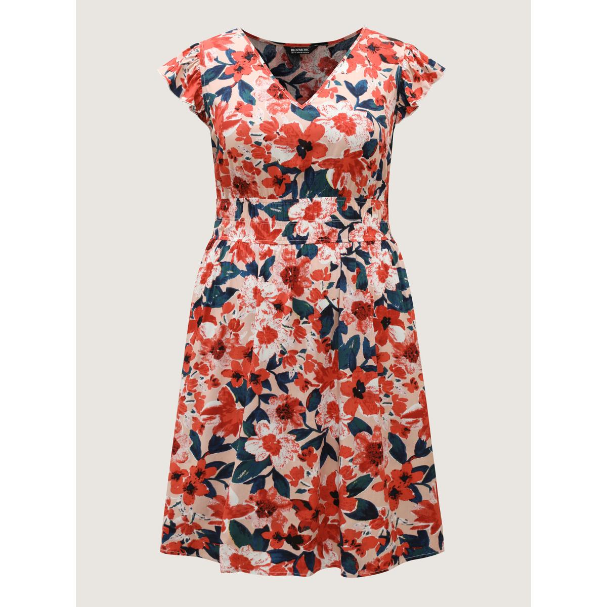 Plus Size Floral Three-Layered Stretchy Waist Midi Dress Coral Women Timeless V-neck Cap Sleeve Curvy BloomChic 12/L Product Image