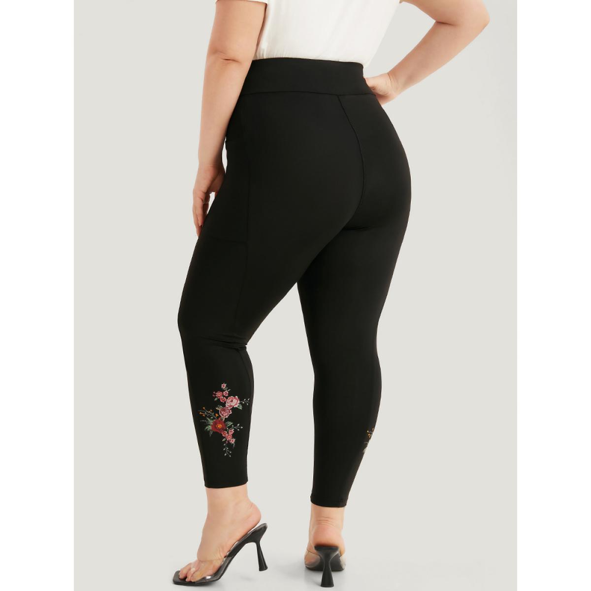 Plus Size Plain Pocket Wideband Waist Floral Print Leggings Women Black Elegant High stretch Skinny High Rise Dailywear Leggings BloomChic 14-16/1X Product Image