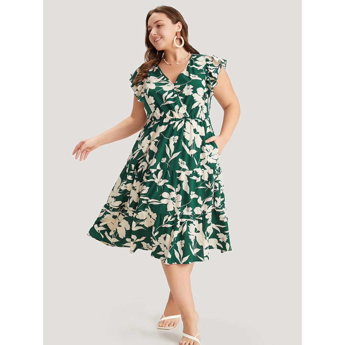 Plus Size Floral Ruffles Cap Sleeve Pocket Button Wrap Dress Green Women Elegant Gathered V-neck Sleeveless Curvy Midi Dress BloomChic 30/6X Product Image