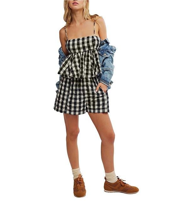 Free People Mia Woven Plaid Square Neck Sleeveless Pleated Peplum Coordinating Tank Top Product Image